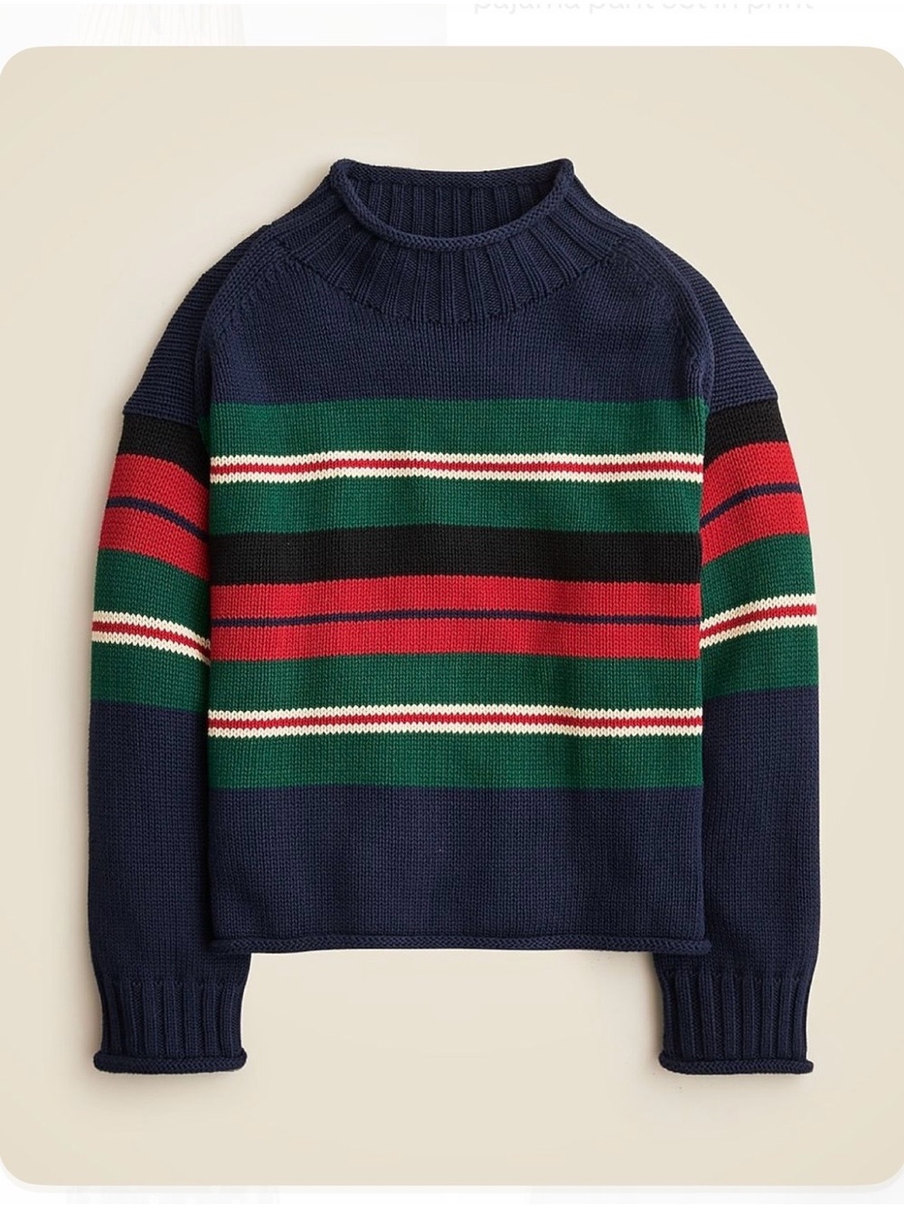 J. Crew 2025 Rollneck Navy Cowlneck Sweater with Green and Red Stripes